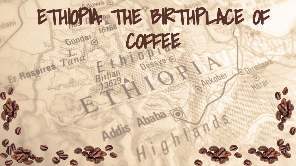 Map of Ethiopia with roasted coffee beans around the perimeter.  The title states "Ethiopia: The birthplace of coffee"