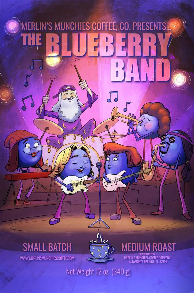 This is Merlin's Munchies Coffee Companies Blueberry Band coffee. It is a blueberry flavored coffee. Merlin is playing the drums with a band of blueberries. There are two blueberries in the front of the stage.  They both have long hair and guitars. They are singing into the same microphone. Behind them to the right is a blueberry playing the saxapone. He has long black hair and glasses on. To the left of the singers is a lady blueberry with a beanie playing the electric pianio and one playing a trumpet. 