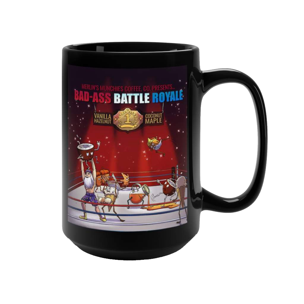 this is a black ceramic 15 oz coffee mug with bad-ass battle royal image on it.