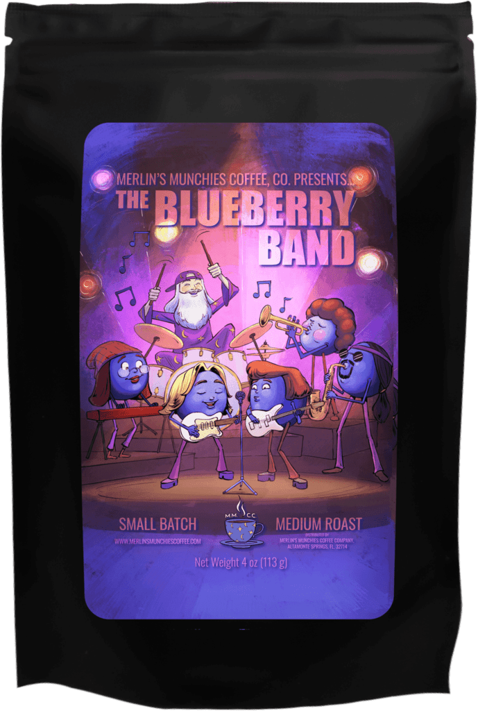 This is Merlin's Munchies Coffee Companies Blueberry Band coffee. It is a blueberry flavored coffee. Merlin is playing the drums with a band of blueberries. There are two blueberries in the front of the stage. They both have long hair and guitars. They are singing into the same microphone. Behind them to the right is a blueberry playing the saxapone. He has long black hair and glasses on. To the left of the singers is a lady blueberry with a beanie playing the electric pianio and one playing a trumpet.