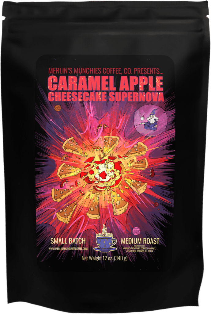 Creating this coffee flavor wasn't easy... Merlin had to go to the deepest, darkest part of the Multiverse. He summoned all of his powers and produced a massive Caramel Apple Cheesecake Supernova. The flavor created from this blast is unimaginable! All we mere mortals can do is try it, smile, and wonder.... How?!?! The caramel apple is in the middle, it is exploding. The second part of the explosion are slices of caramel apple cheesecake. Merlin is protecting himself with an orb from the blast.