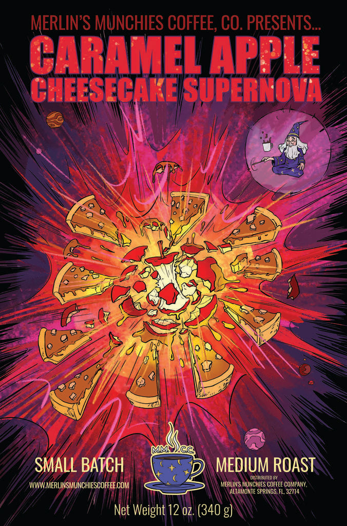 This is a picture of the label for our Caramel Apple Cheesecake Supernova coffee.   The caramel apple is in the middle of the photo and it is exploding.  Surrounding the caramel apple explosion are slices of caramel apple cheesecake.  Merlin is protecting himself from the blast his orb.