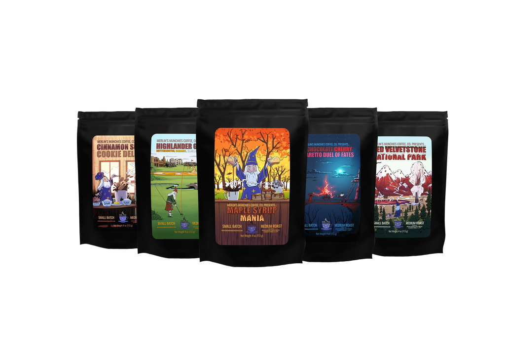 This is a picture of 5 different 4 ounce bags of our coffee.  These 5 different coffees comprise our create-your-own sample pack, which allows you to choose any 5 coffee flavors you like.